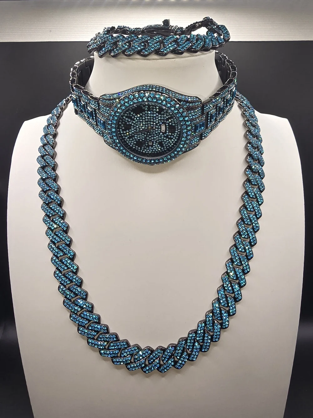 Men's Turquoise Crystal Cuban Link Necklace and Watch Set